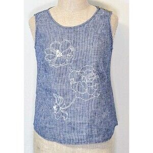 Ellen Tracy Womens Linen Sleeveless Top Blue Stripe Embroidered Medium